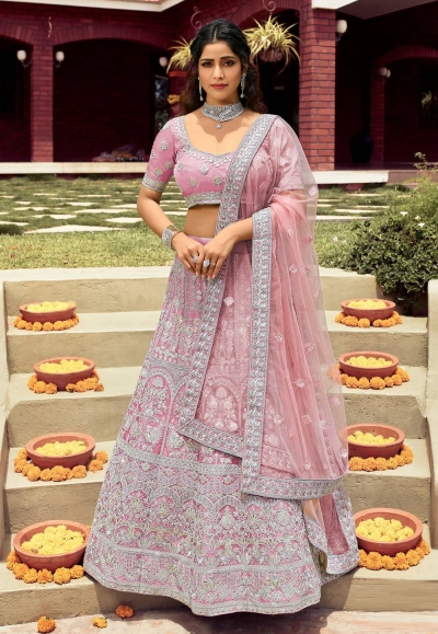 Pink organza embroidered work lehenga choli 7132