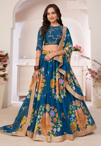 Blue georgette floral lehenga choli 6005