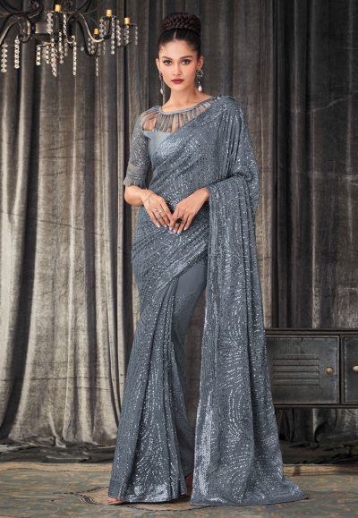Grey georgette saree with blouse 2309