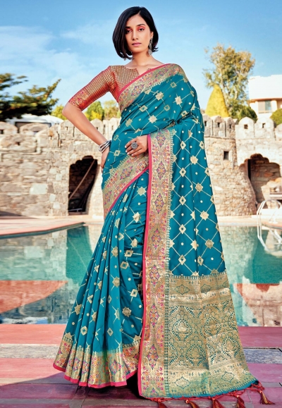 Teal banarasi silk festival wear saree 144467