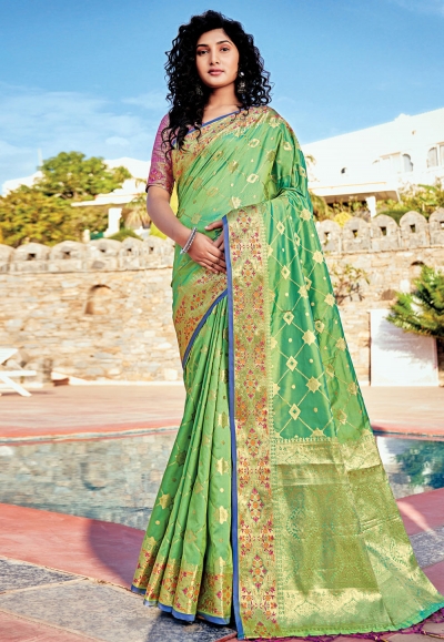 Light green banarasi silk saree with blouse 144472