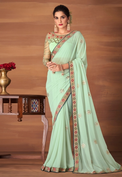 Pista green georgette festival wear saree 6209