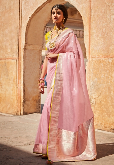 Pink silk saree with blouse 1421