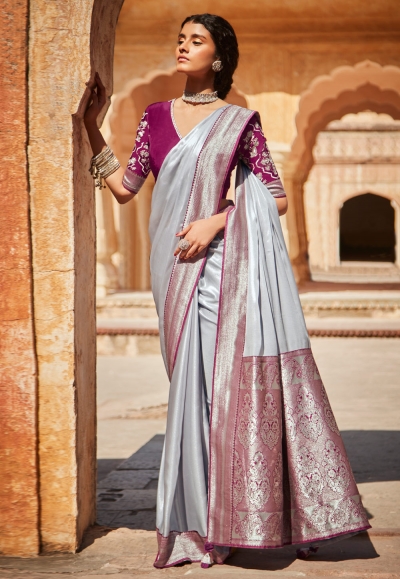 Grey silk saree with blouse 1423