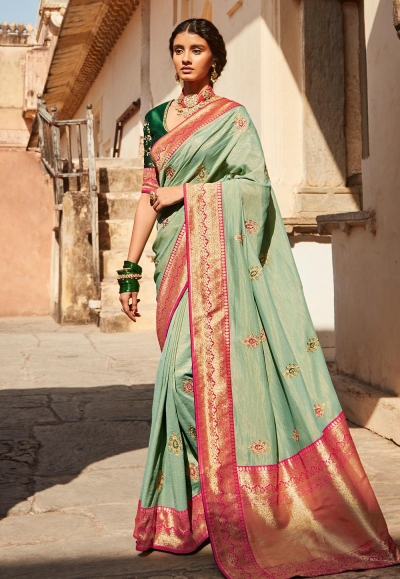 Sea green silk festival wear saree 1424