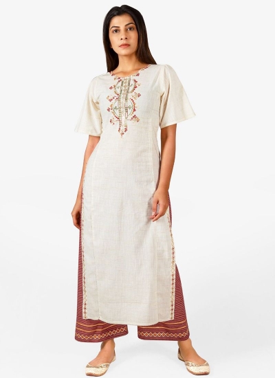 Off White Khadi Casual Wear Embroidery Work Kurti With Palazzo MF4008