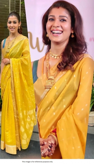 Kollywood Nayanthara Inspired Yellow and rama green silk saree