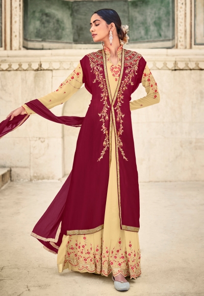 Beige banarasi silk anarkali suit - G3-WSS40432 | G3fashion.com