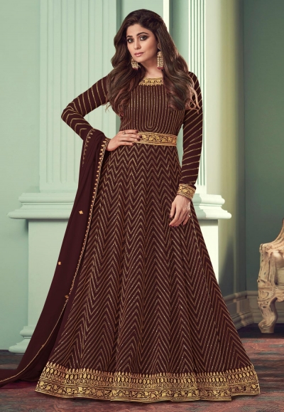 Shamita shetty brown georgette abaya style anarkali suit 8529C