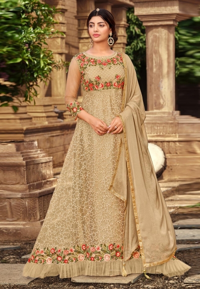 Beige net long anarkali suit 2019