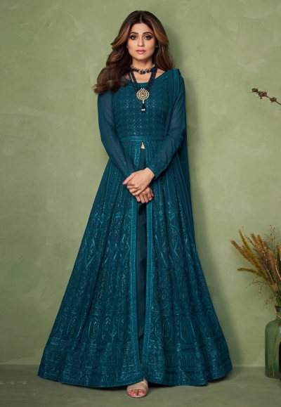 Shamita shetty teal georgette indo western lehenga choli 9144