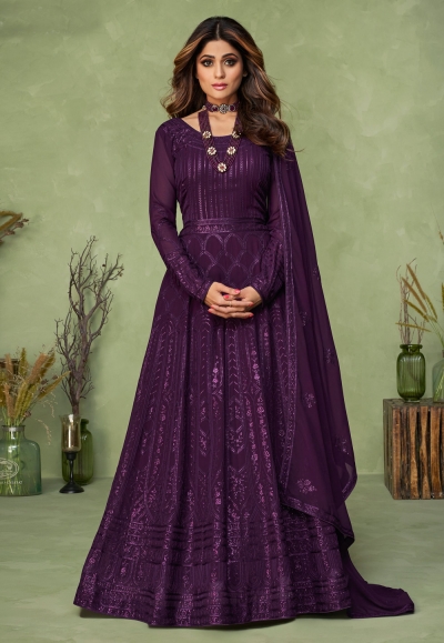 Shamita shetty purple georgette abaya style anarkali suit 9147