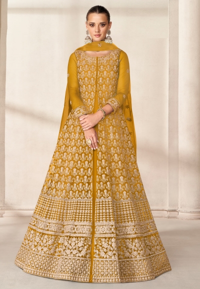 Mustard net embroidered long anarkali suit 9199