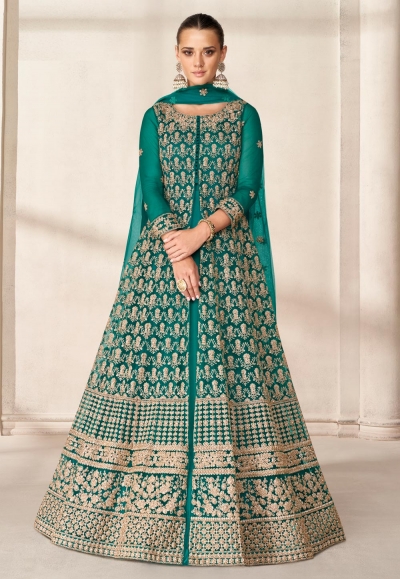 Green net embroidered center slit anarkali suit 9200