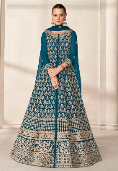 Teal net embroidered center slit anarkali suit 9202