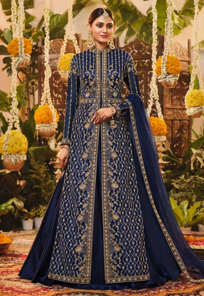 Navy blue net long anarkali suit 3203