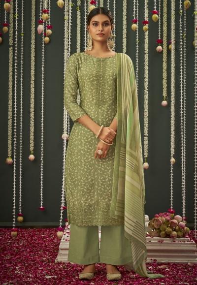 Green Color Embroidered Mehndi Straight Salwar Suit