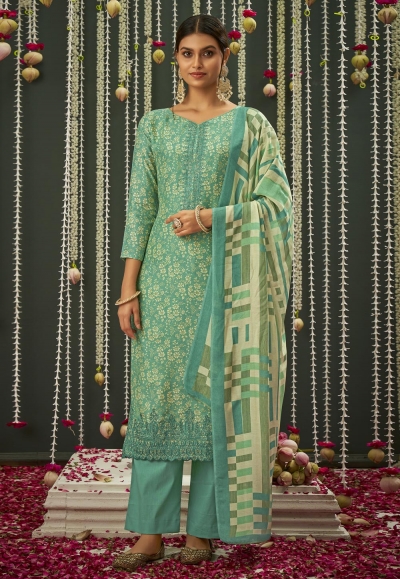 Sea green cotton silk palazzo suit 3720