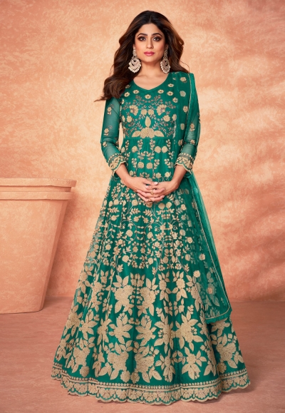 Shamita shetty green net abaya style anarkali suit 9184