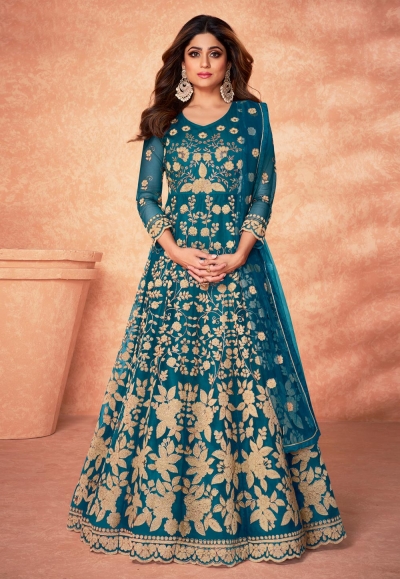 Shamita shetty teal net long anarkali suit 9181