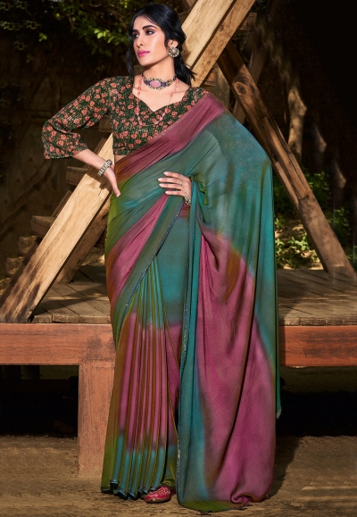 Ombre chiffon saree in teal blue and purple