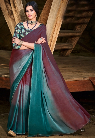 Ombre chiffon saree in Wine and teal blue