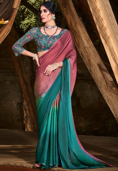 Ombre chiffon saree in Pink and teal blue color