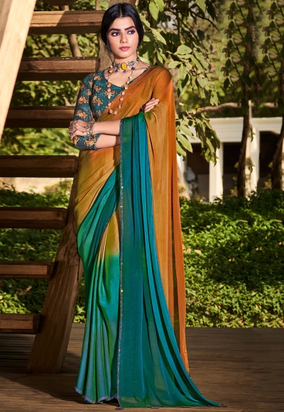 Ombre chiffon saree in Mustard and teal  blue color