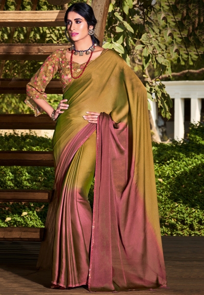 Ombre chiffon saree in Olive green and pink