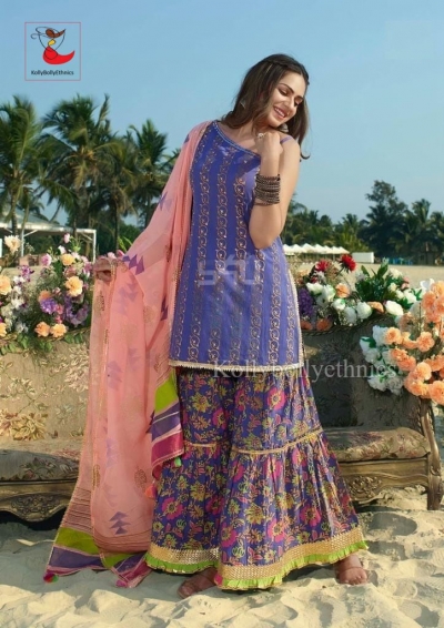 Violet and Peach Short Peplum kurti with Sharara pant