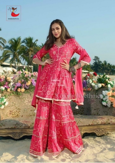 Pink Short Peplum kurti with Sharara pant