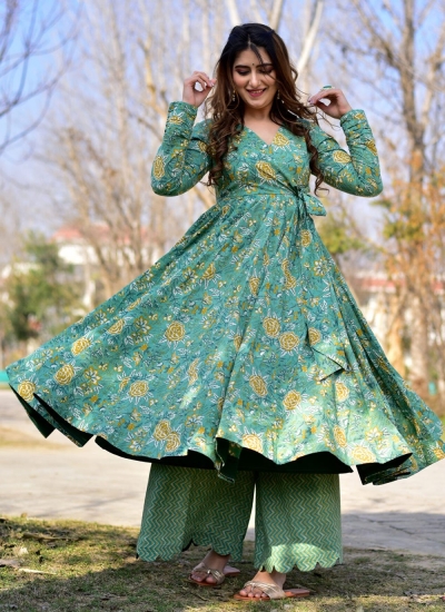 Sea Green Cotton Silk Printed Anarkali Kurti with Palazzo -...