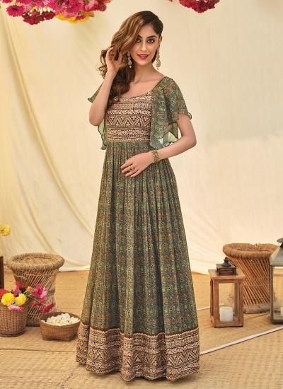 Olive green georgette resham work long anarkali gown