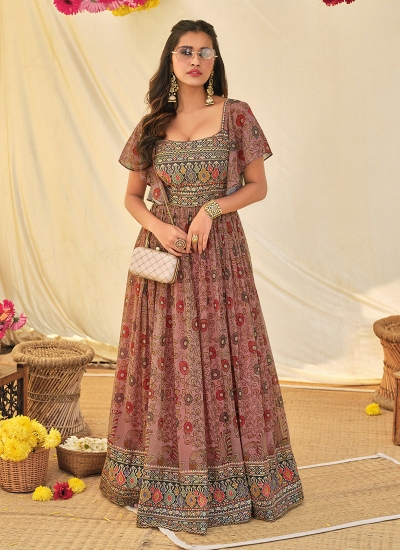 Onion Pink georgette resham work long anarkali gown