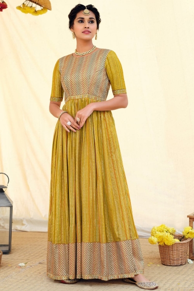 Yellow georgette embroidery work long anarkali gown
