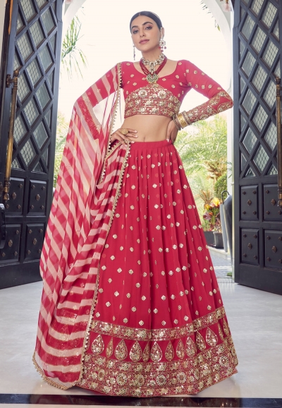 Red georgette a line lehenga choli 9704