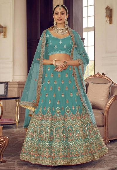 Turquoise organza a line lehenga choli 9416