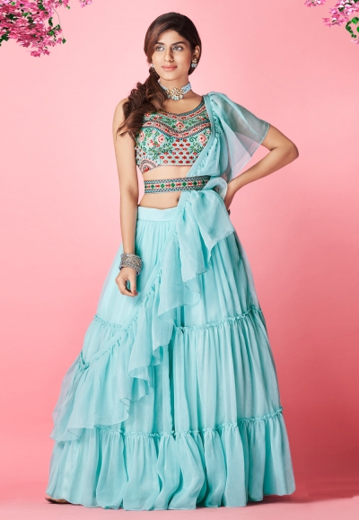 Sky blue chiffon frilled lehenga choli 8002