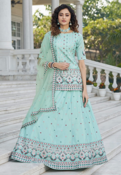 Sky blue chinon chiffon indo western lehenga choli 1955