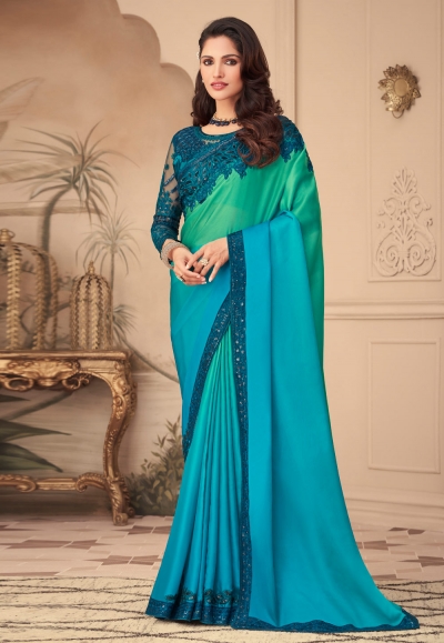 Sea green silk saree with blouse 26013