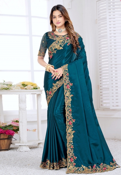 Teal silk plain saree with designer blouse 5902