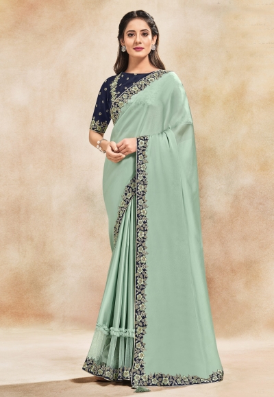 Sea green satin silk plain saree with designer blouse 42005