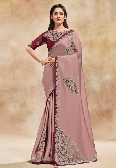 Pink satin silk designer saree 42006
