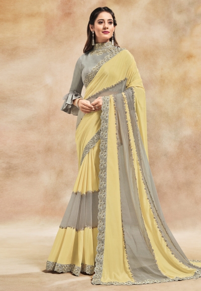Yellow silk georgette designer saree 42007