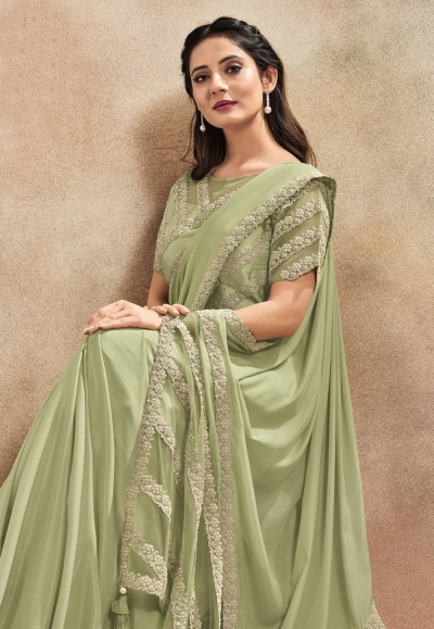 Pista green satin silk saree with blouse 42010