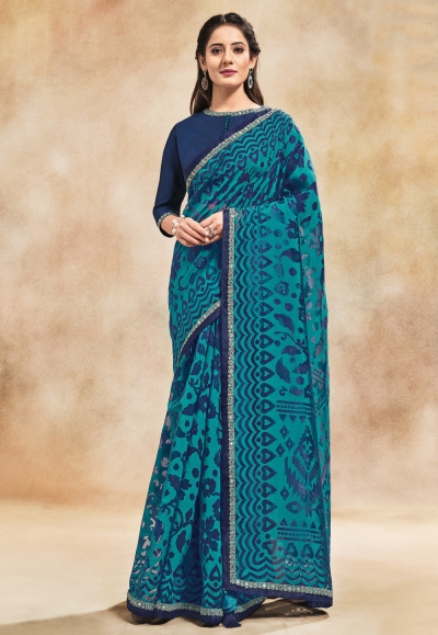 Aqua organza saree with blouse 42015