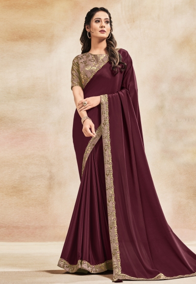 Maroon satin silk plain saree with designer blouse 42016