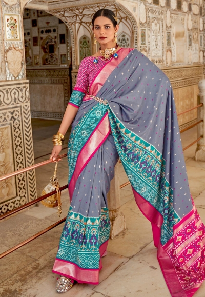 Grey patola silk saree with blouse 357