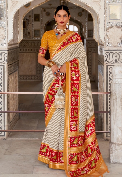 Off white patola silk saree with blouse 359