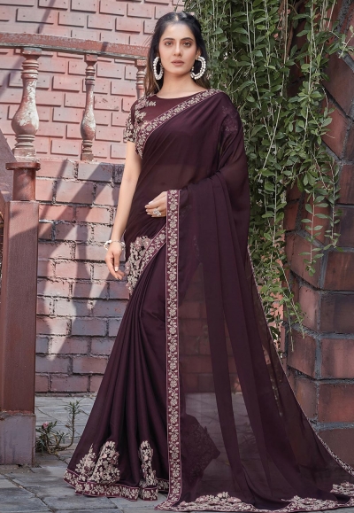 Wine silk georgette embroidered saree with blouse 41108